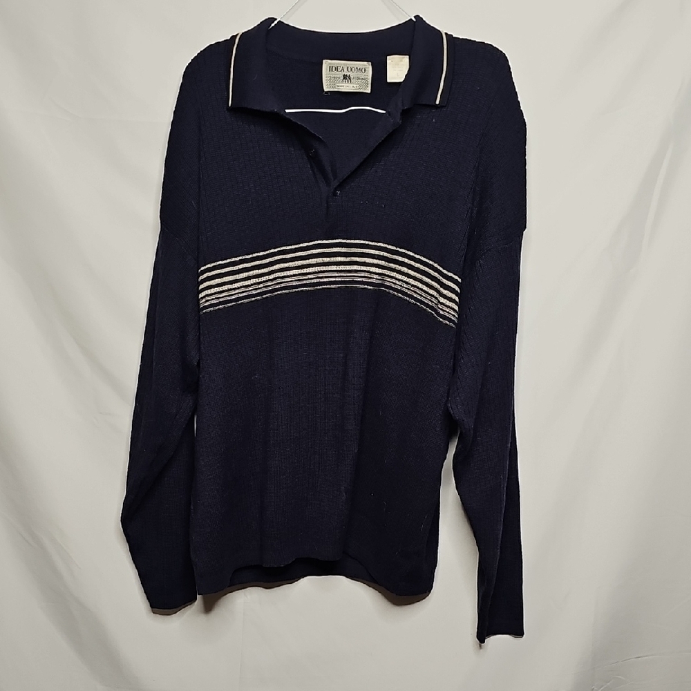 Mens Idea Uomo Made In Italy Knitted Blue Stripe 30% Wool Sweater Sz L